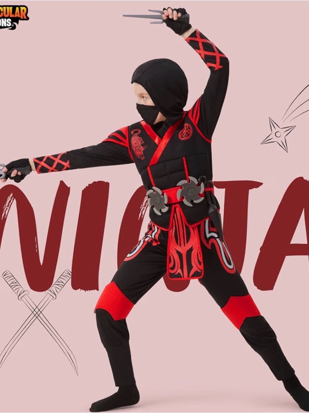 Kids Black & Red Ninja Costume with Masked Hood (S)